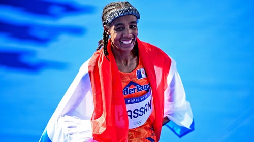 Sifan Hassan of Team Netherlands celebrates after winning the women's marathon at Esplanade des Invalides during the 2024 Paris Summer Olympic Games in Paris, France.