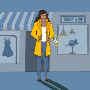 Square illustration showing woman in thrifted yellow overcoat standing in front of a thrift store with blue background