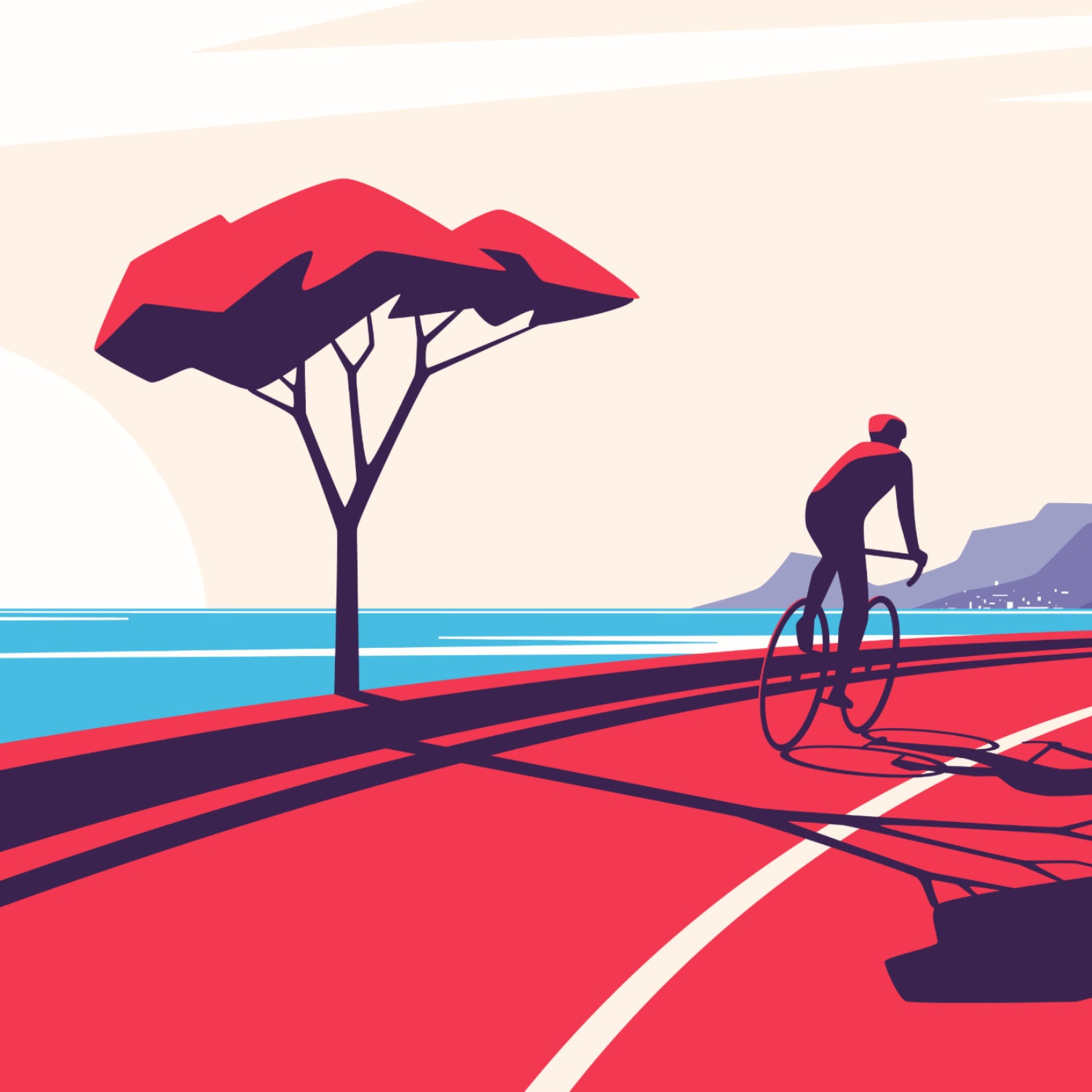 Vector illustration of a cyclist riding along the ocean mountain road.