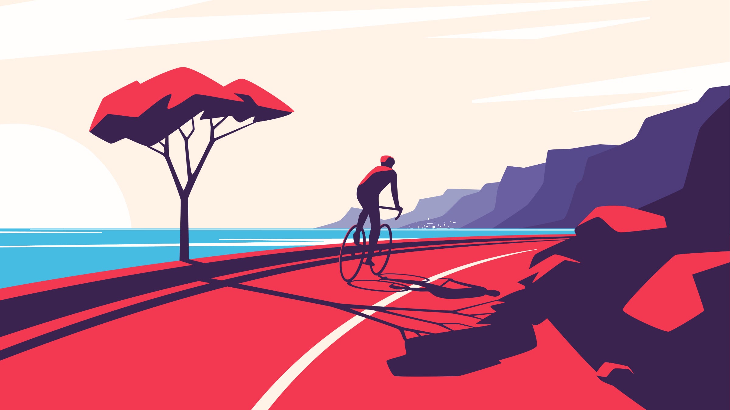 Vector illustration of a cyclist riding along the ocean mountain road.