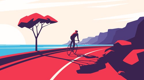 Vector illustration of a cyclist riding along the ocean mountain road.