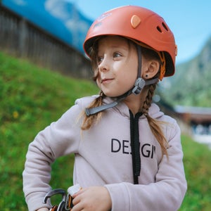 Seven-year-old Yeva Shevchuk gears up for an ascent.