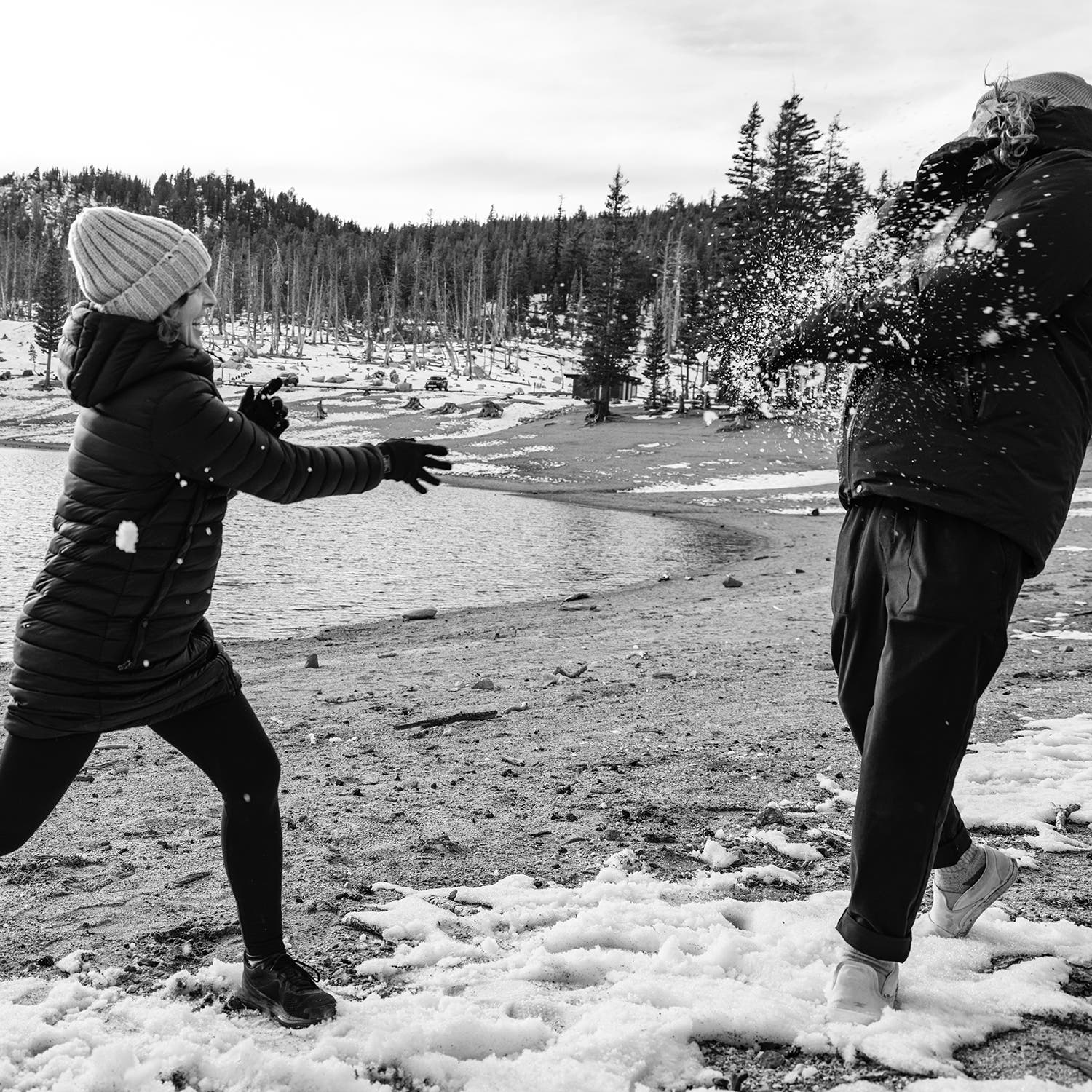 Snowball-fighting with her husband