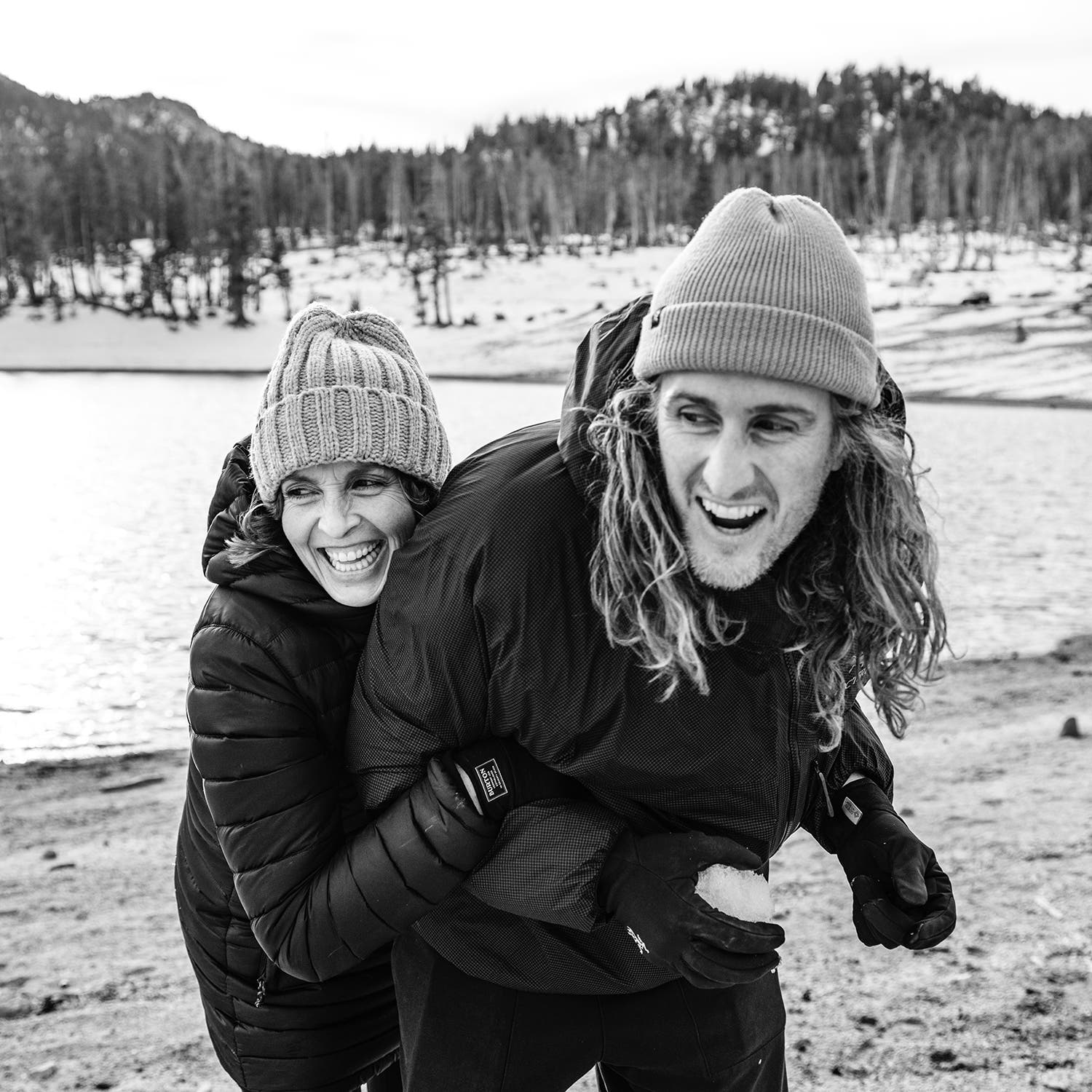 Snowball-fighting with her husband