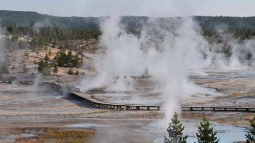 Steam rises off hot springs in Yellowstone National Park on a cloudy day