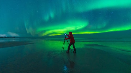 A man looks at the camera set up on his tripod as the green northern lights swirl on an Arctic horizon.