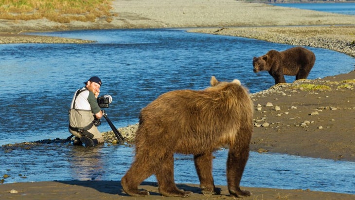 A professional photographer kneels in a shallow river in Alaska’s Katmai National Park as two grizzlies wander by at close proximity.