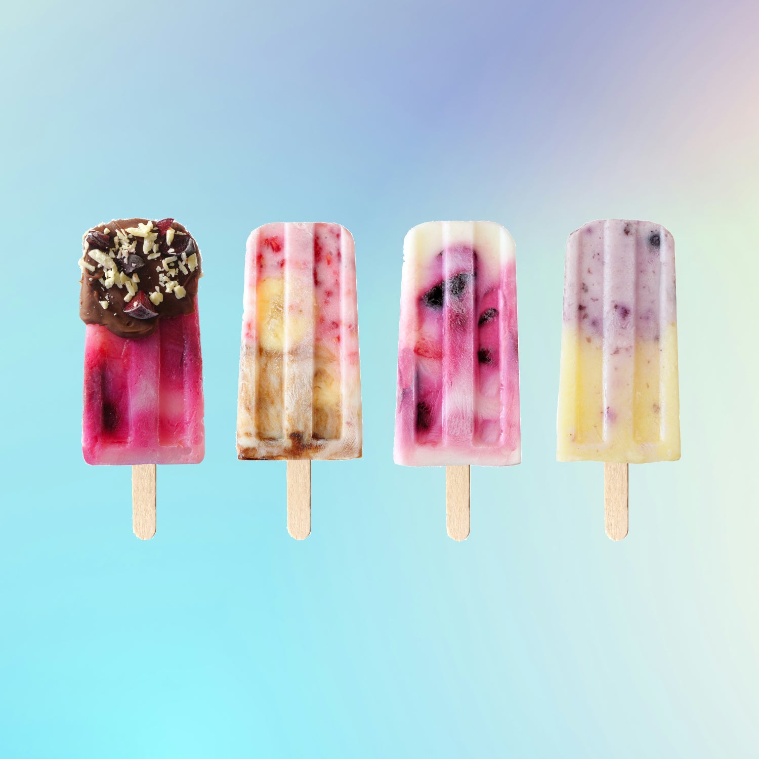 different flavored protein popsicles using banana, blueberry, chocolate, and raspberry on a light gradient background