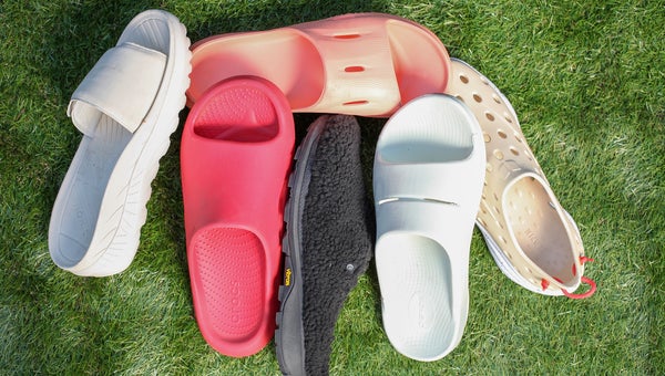 recovery sandals on grass