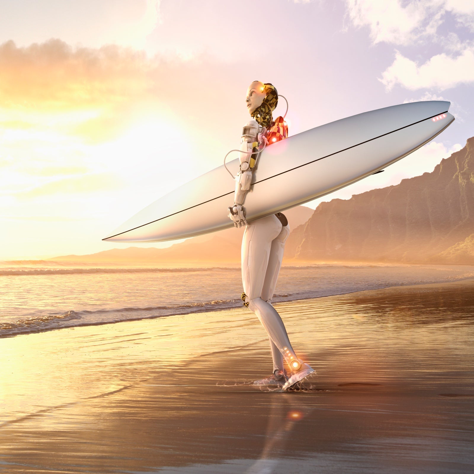 A female-looking robot walks along what looks like a Hawaii beach at sunset with her surfboard.