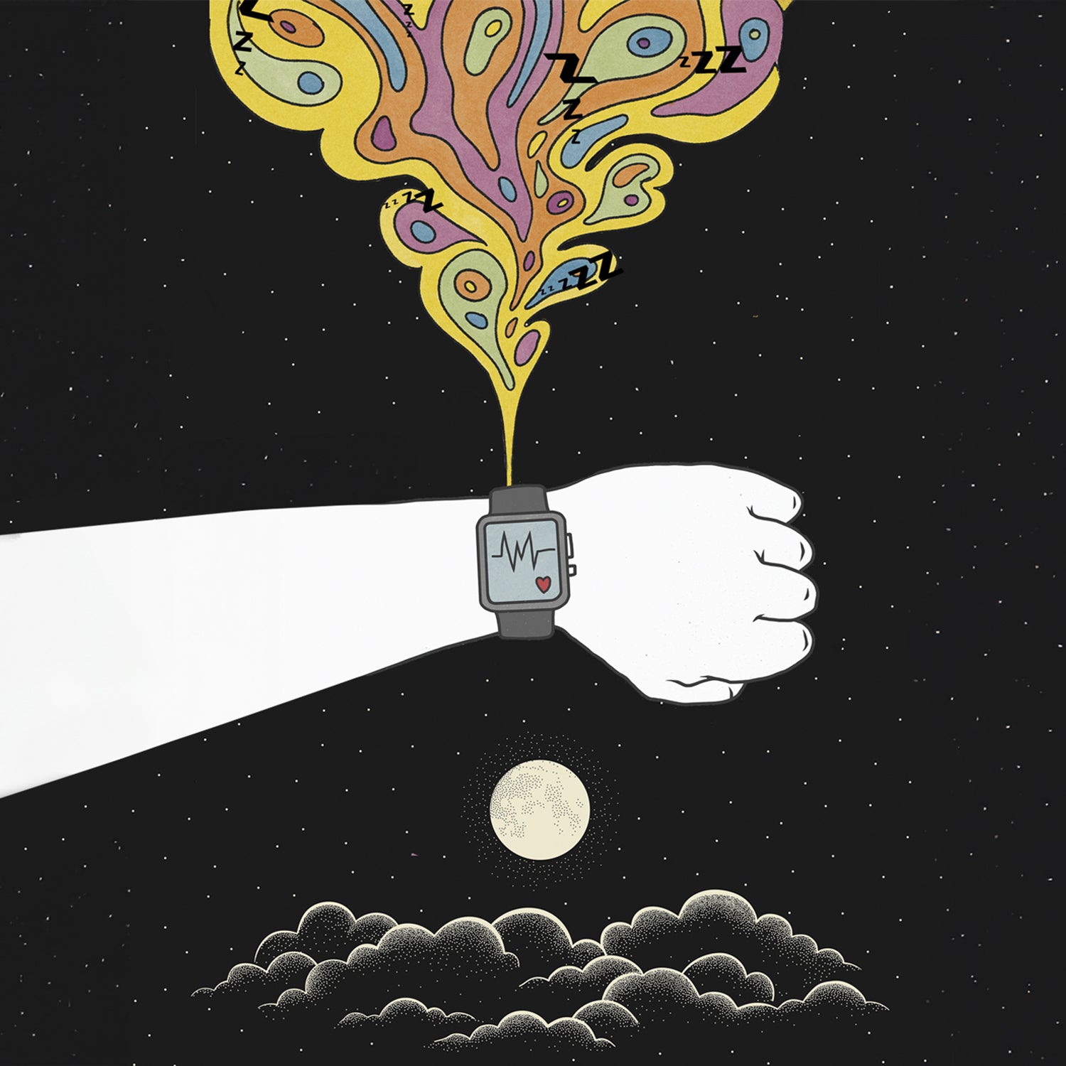 illustration of an arm with a sleep tracking watch and colorful patterns emerging