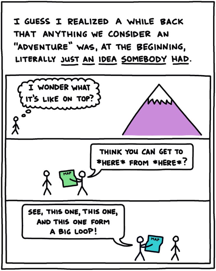 I guess I realized a while back that anything we consider an “adventure” was, at the beginning, literally just an idea somebody had: [Drawing of person looking at a mountain, saying, “I wonder what it’s like on top?” [Drawing of people looking at a map, one saying to the other one, “Think you can get to *here* from *here*?] [Drawing of people looking at a map, one saying to the other one, “See, this one, this one, and this one form a BIG LOOP!”] 