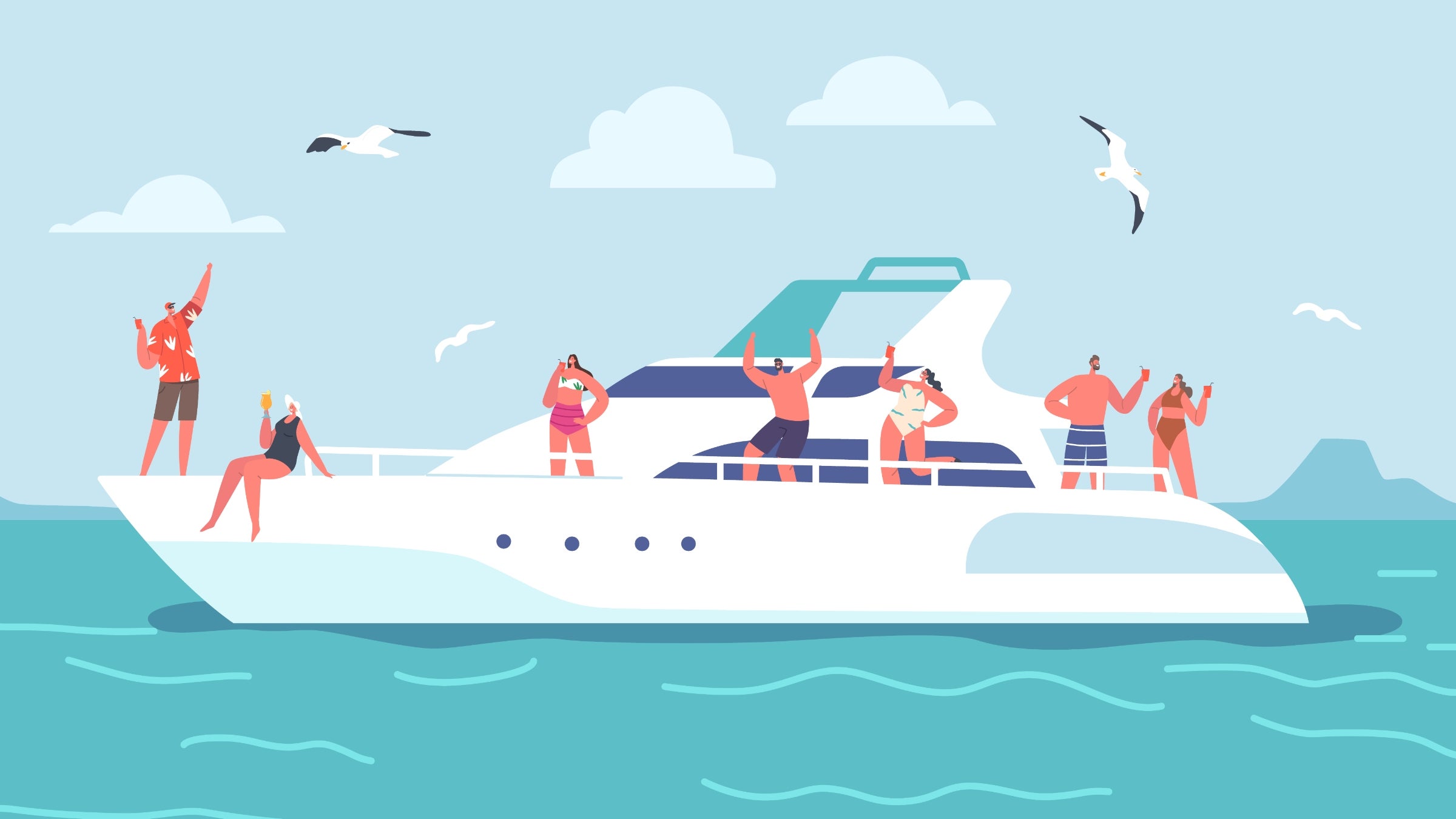 Illustration of friends on a luxury vacation on a yacht