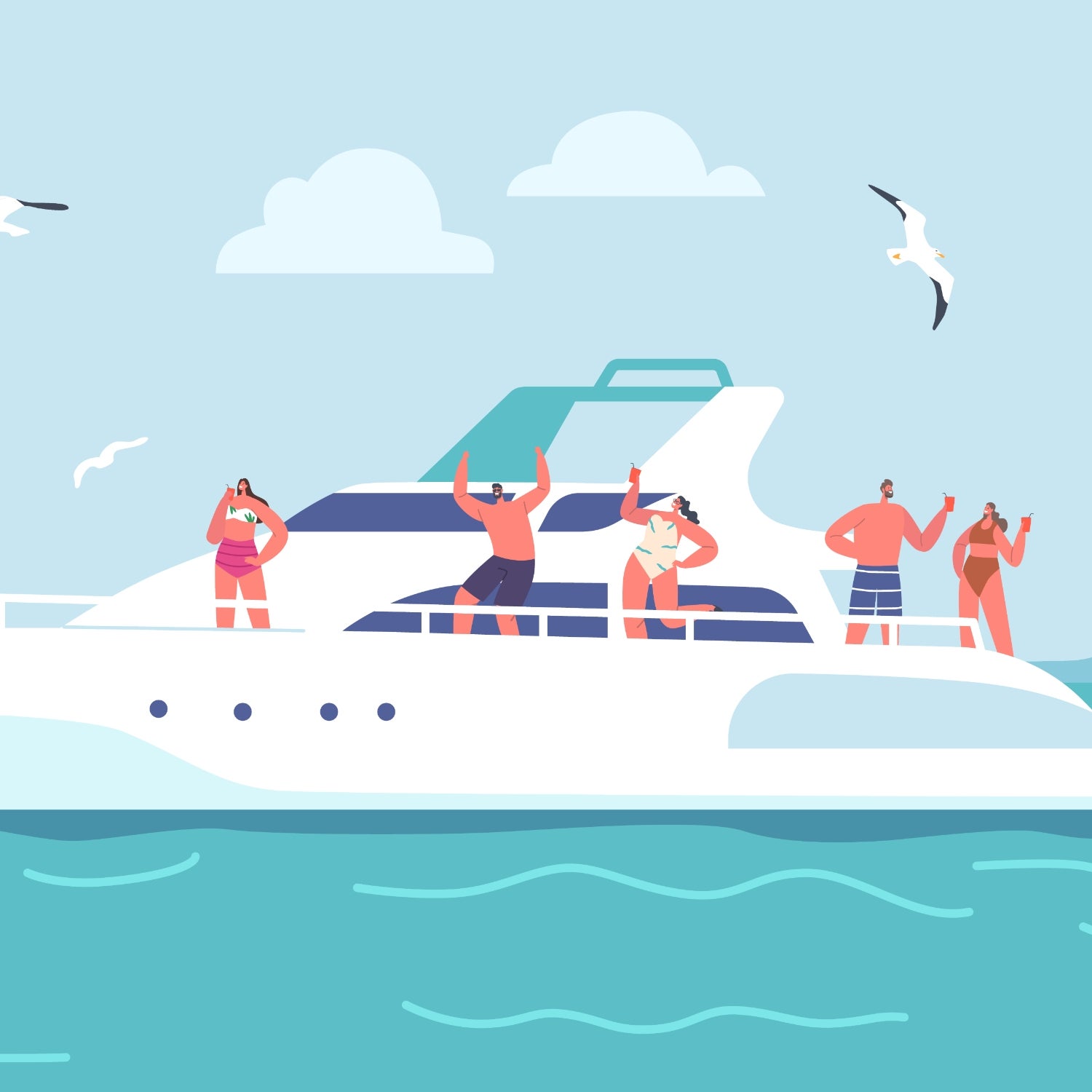 Illustration of friends on a luxury vacation on a yacht