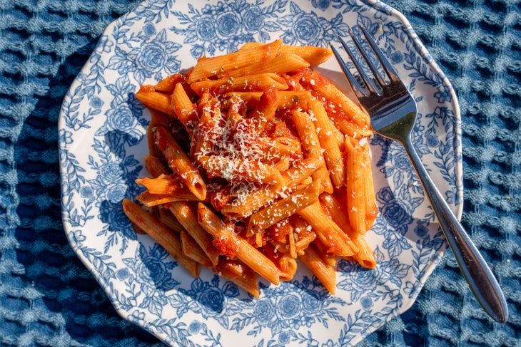 Trader Joe's Red Lentil Pasta Topped With Tomato Sauce and Parmesan Cheese