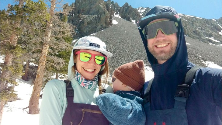 Lindsay Leoni Bourgoine and Ben Leoni with their son on a ski tour for Lindsay's first Mother's Day, in Colorado's Never Summer Range, May 2022. 