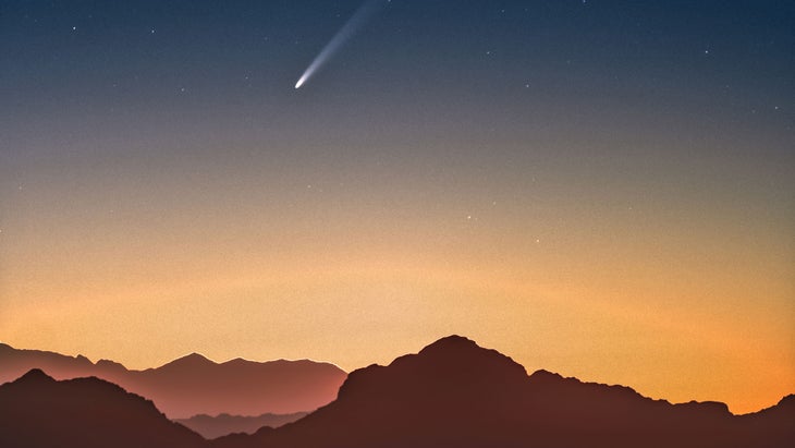 Comet Tsuchinshan-ATLAS, or Comet C/2023 A3, shooting across the night sky over the Sinai Peninsula of Egypt