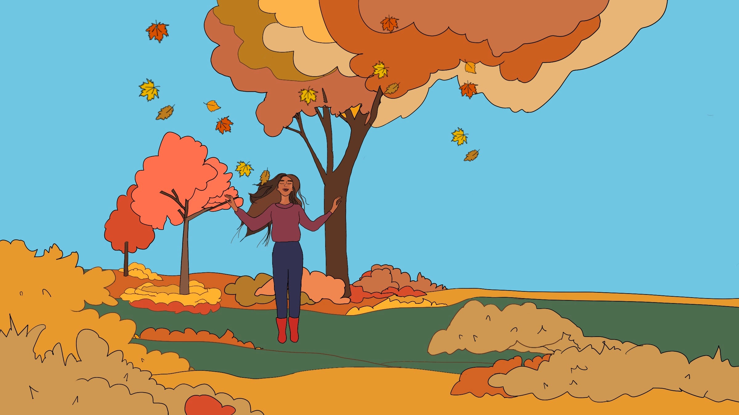 Illustration of woman standing in fall landscape with red, yellow, and orange leaves falling
