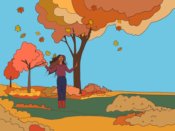Illustration of woman standing in fall landscape with red, yellow, and orange leaves falling