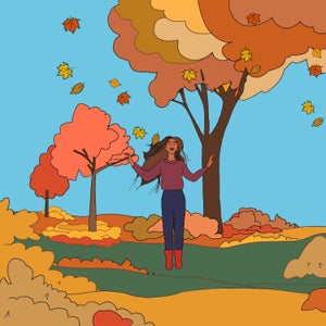 Illustration of woman standing in fall landscape with red, yellow, and orange leaves falling