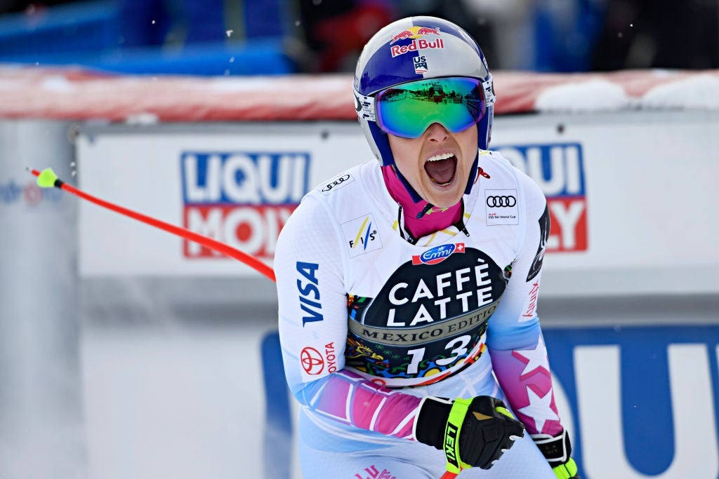 Vonn celebrates during the Audi FIS Alpine Ski World Cup Finals Men's and Women's Downhill on March 14, 2018 in Are, Sweden.