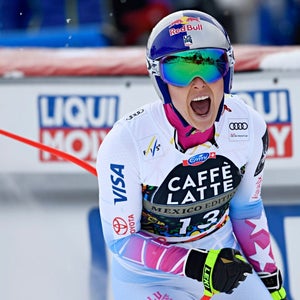 Vonn celebrates during the Audi FIS Alpine Ski World Cup Finals Men's and Women's Downhill on March 14, 2018 in Are, Sweden.