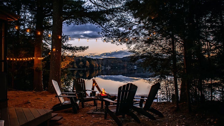 lakefront bonfire in the Adirondack mountains