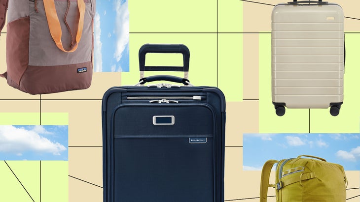 carry-on suitcases and backpacks with a travel design behind