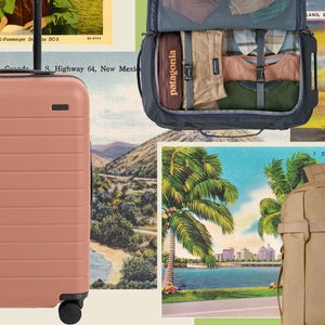 a collage of carry-on luggage and travel postcards of palm trees and beaches