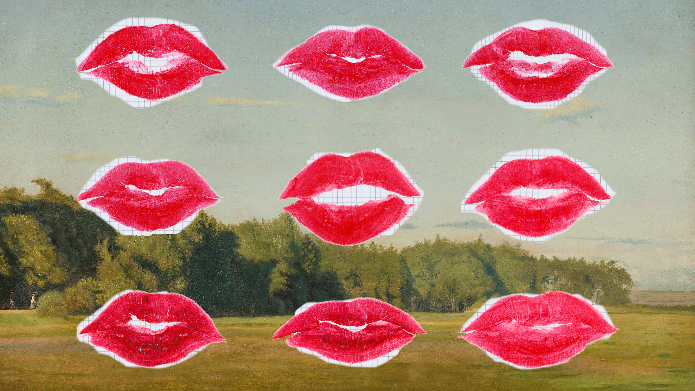 Floating lips on an outdoor landscape background.