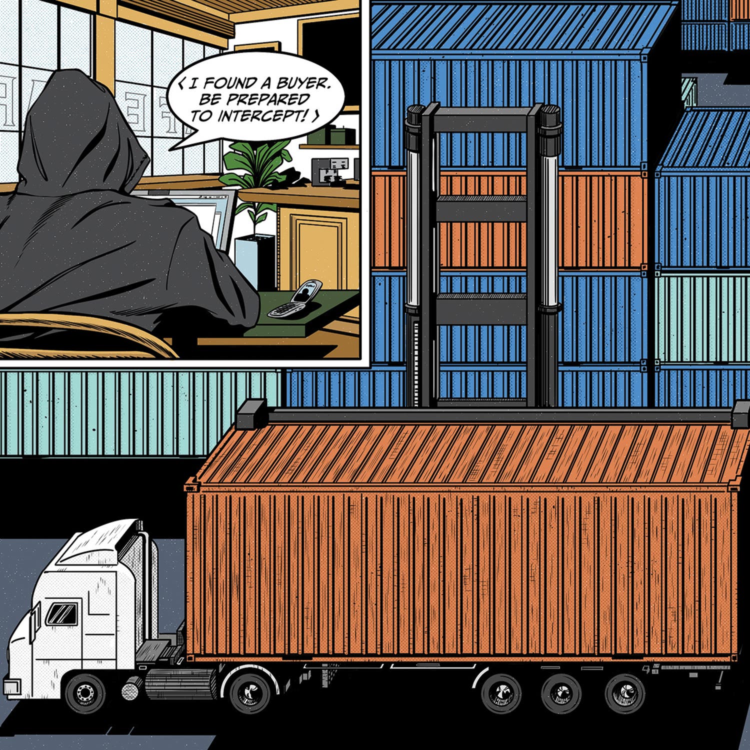 Comic illustration of a truck pulled up next to some shipping containers
