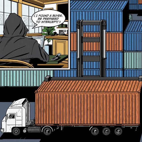 Comic illustration of a truck pulled up next to some shipping containers