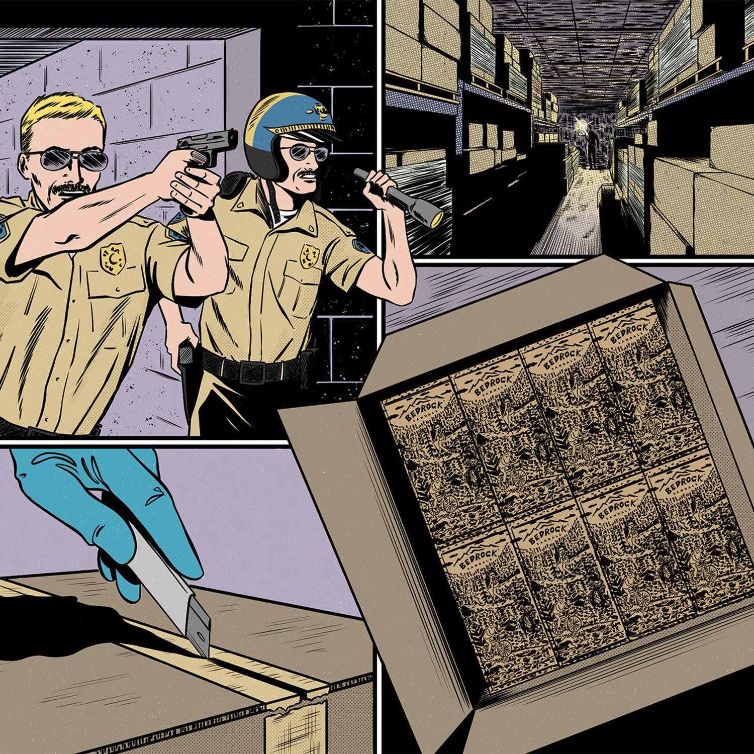 Cartoon illustration of police officers searching a Bedrock warehouse