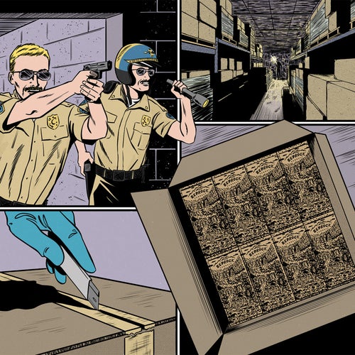 Cartoon illustration of police officers searching a Bedrock warehouse