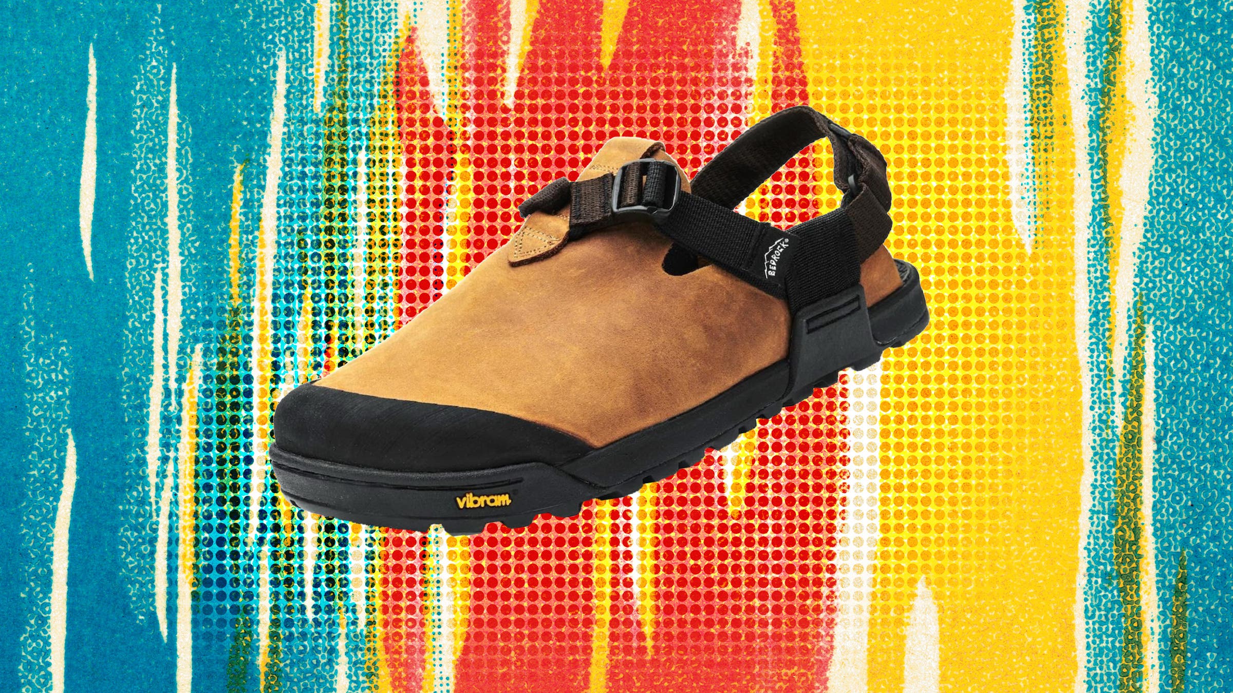 Product image of a Bedrock clog on a colorful background