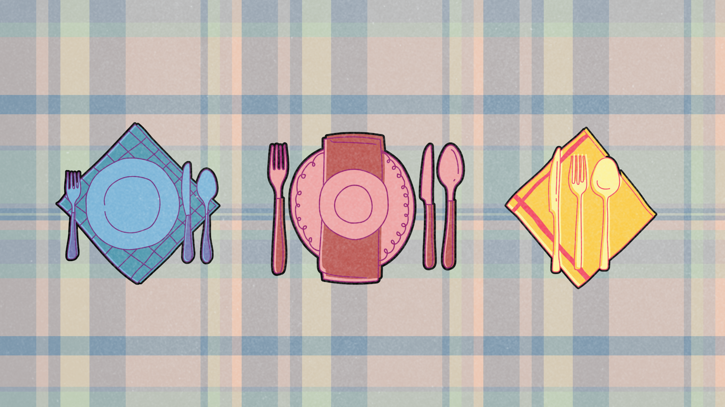 best time to eat dinner; images of dinner plates on tablecloth background