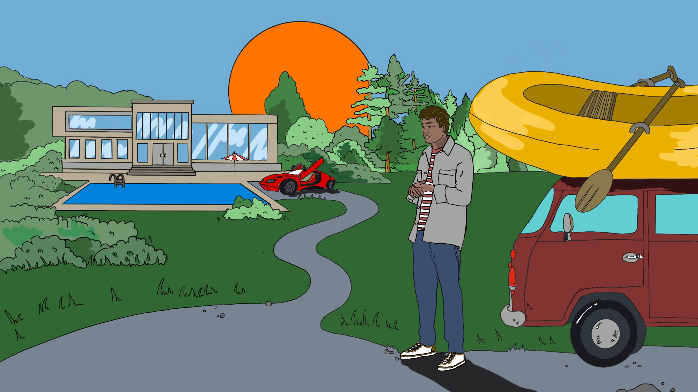 Illustration of a person with a fancy house and car borrowing someone's raft