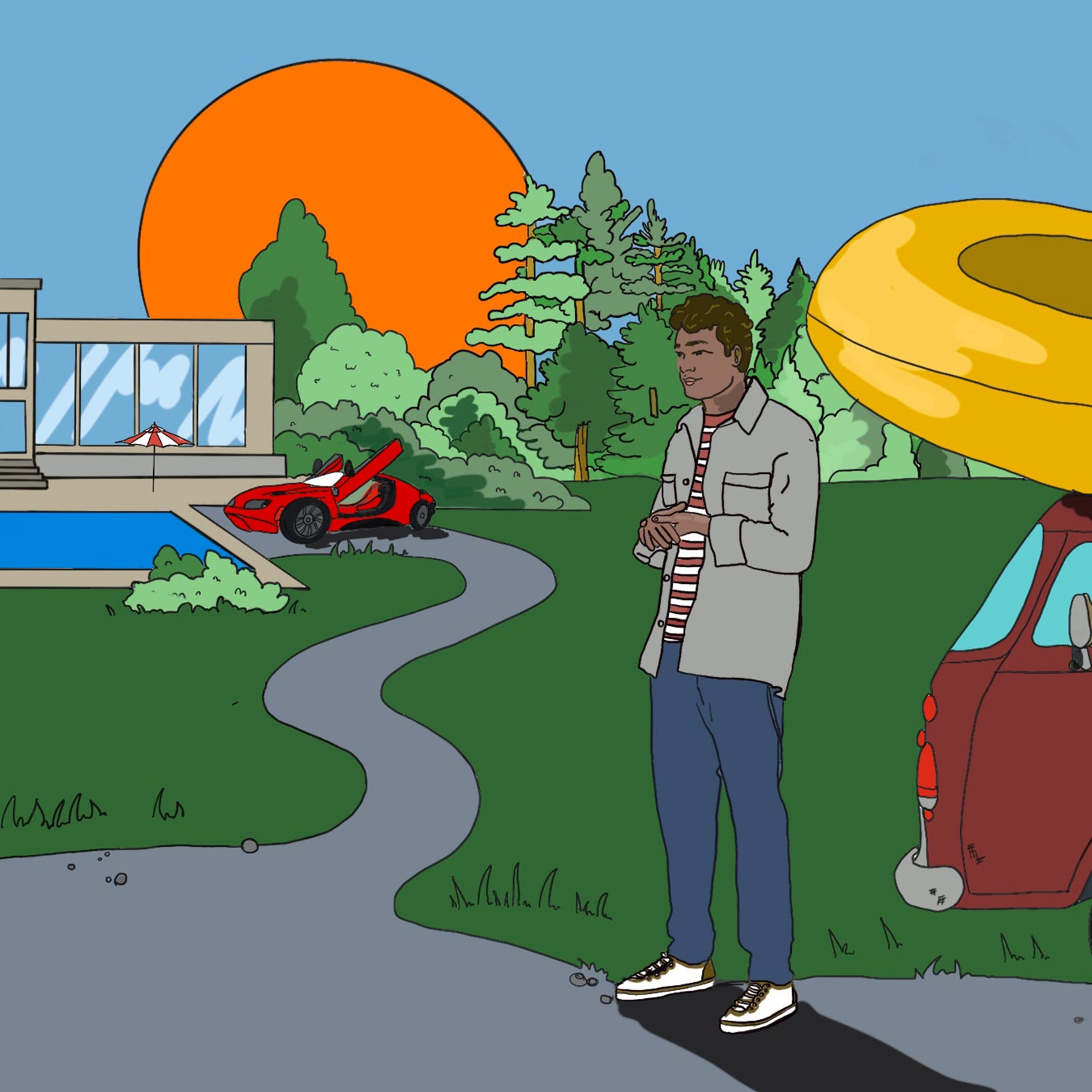 Illustration of a person with a fancy house and car borrowing someone's raft