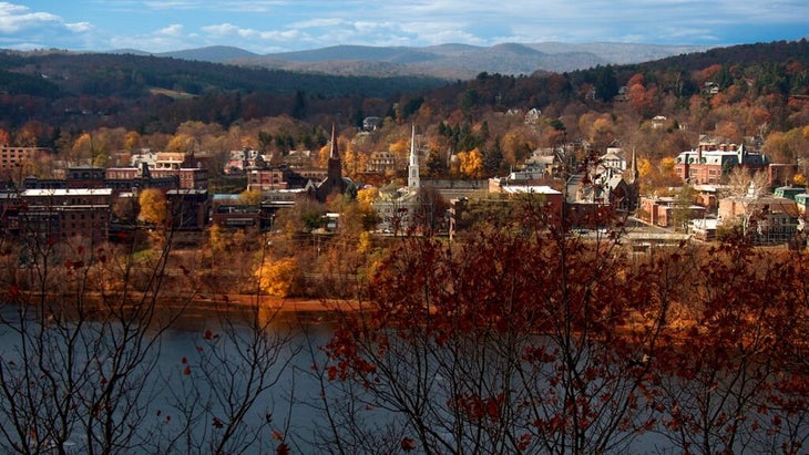 A view of Brattleboro, Vermont and the Connecticut River in the fall.