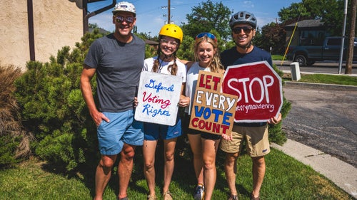 Rob Lea, Katie Boue, Caroline Gleich and Brody Leven post after the 