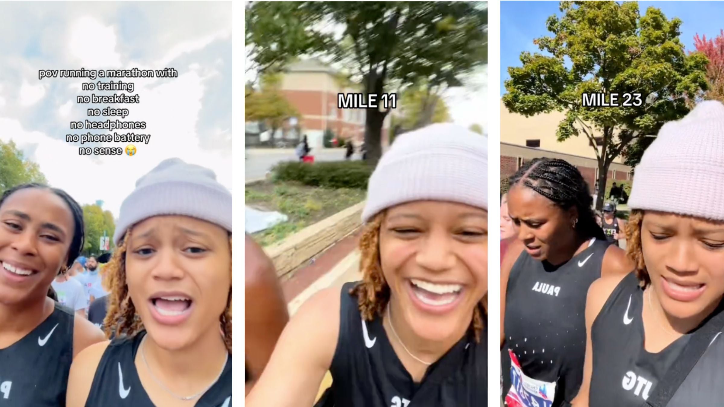 collage of two women running the marathon