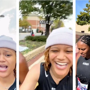 collage of two women running the marathon