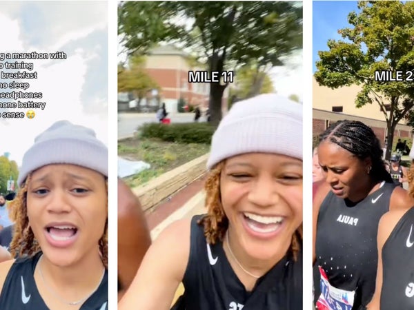 collage of two women running the marathon