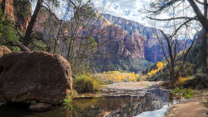 a landscape of Zion National Park taken from the hiking trail to Emerald Pools during autumn 