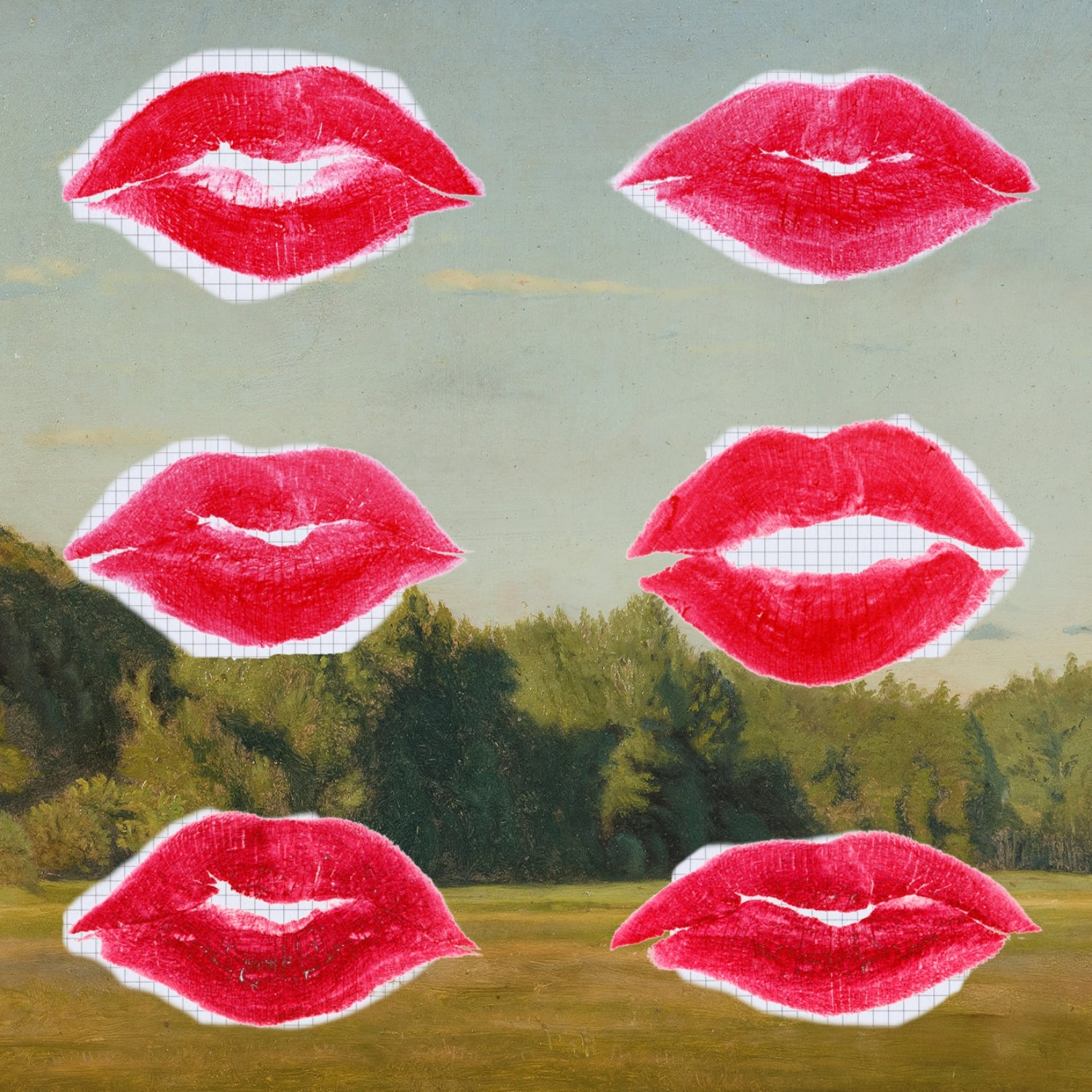 Floating lips on an outdoor background.