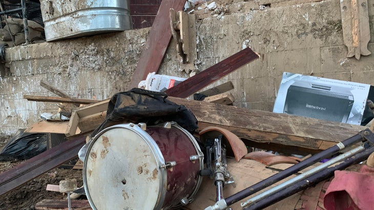 remnants of a music studio after Hurricane Helene