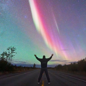 Joe Buffalo Child rejoices at seeing the northern lights dance in the sky above Yellowknife, in Canada’s Northern Territories.
