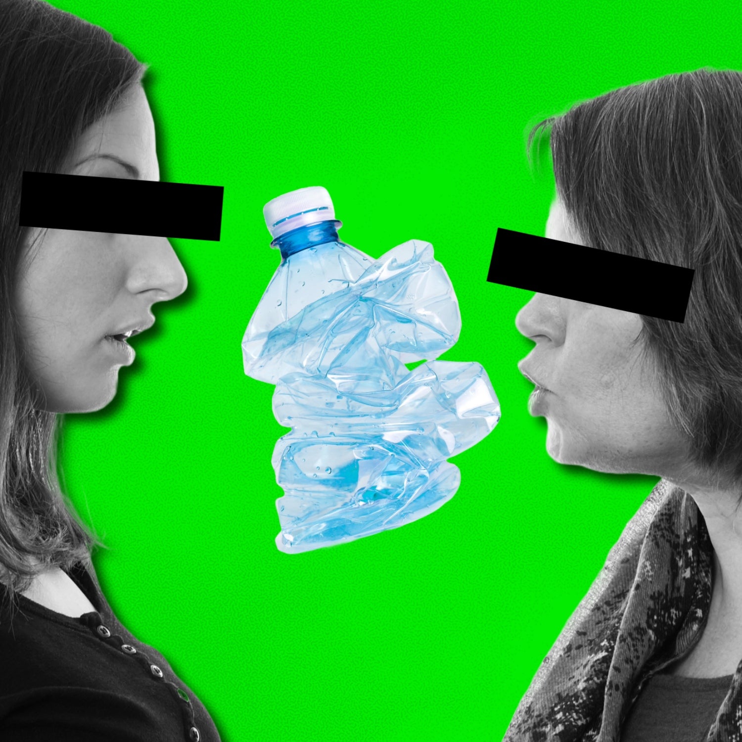 older woman yelling at and eco shaming younger woman over plastic bottle