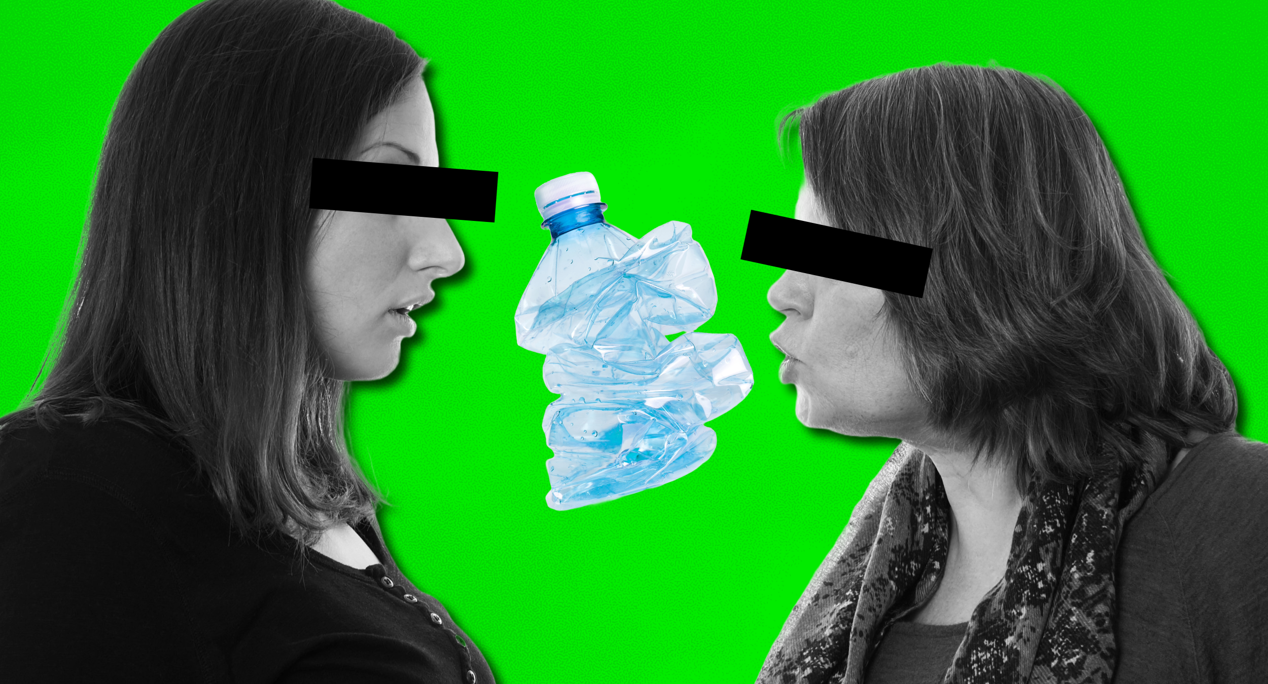 older woman yelling at and eco shaming younger woman over plastic bottle