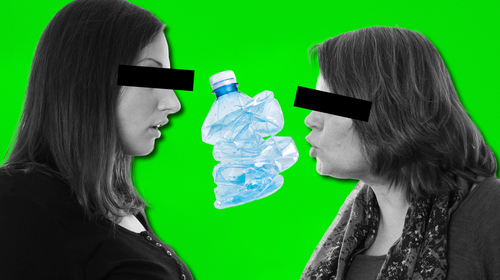 older woman yelling at and eco shaming younger woman over plastic bottle